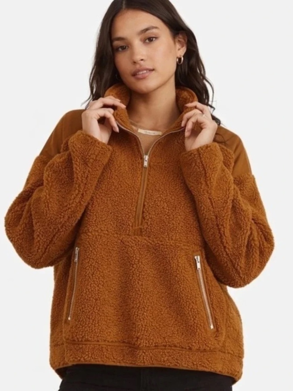 Madewell Faux Shearling Half-Zip Pullover Caramel Recycled Sherpa M
